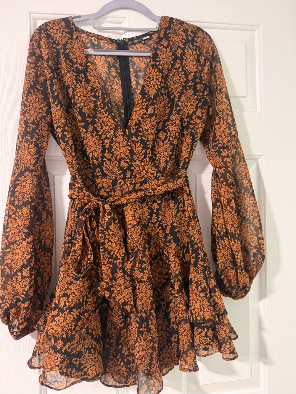 Fashion Nova Black and Rust Floral Wrap Mini Dress